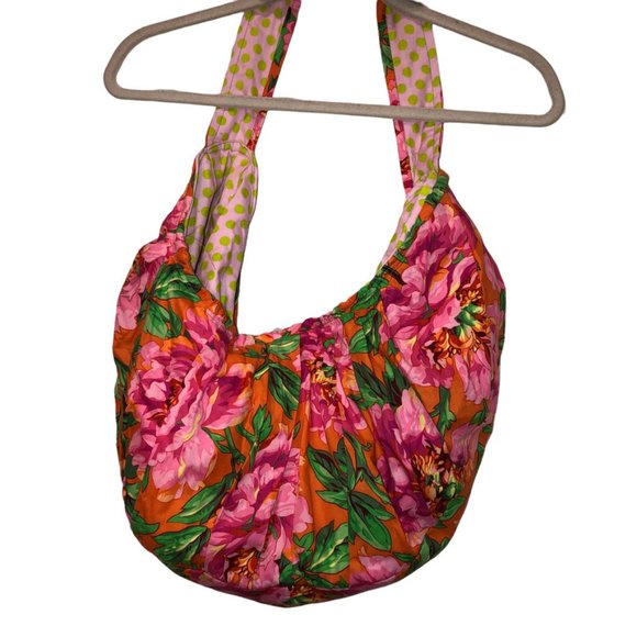 Hand Crafted pink orange Tropical SUMMER Floral cotton hobo bag - Picture 6 of 7
